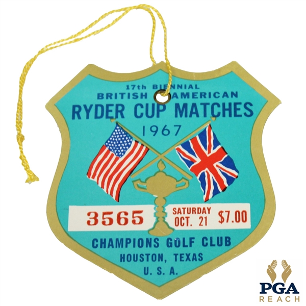 1967 Ryder Cup at Champions GC 17th Biennial Matches Ticket #3565 - Impeccable Condition - Hogan Captain