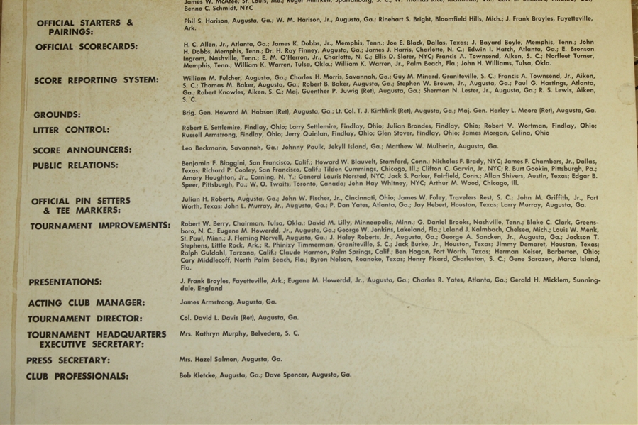 1979 Masters Tournament Committee Assignments Poster - All Officers/Rules/Chairmen and more