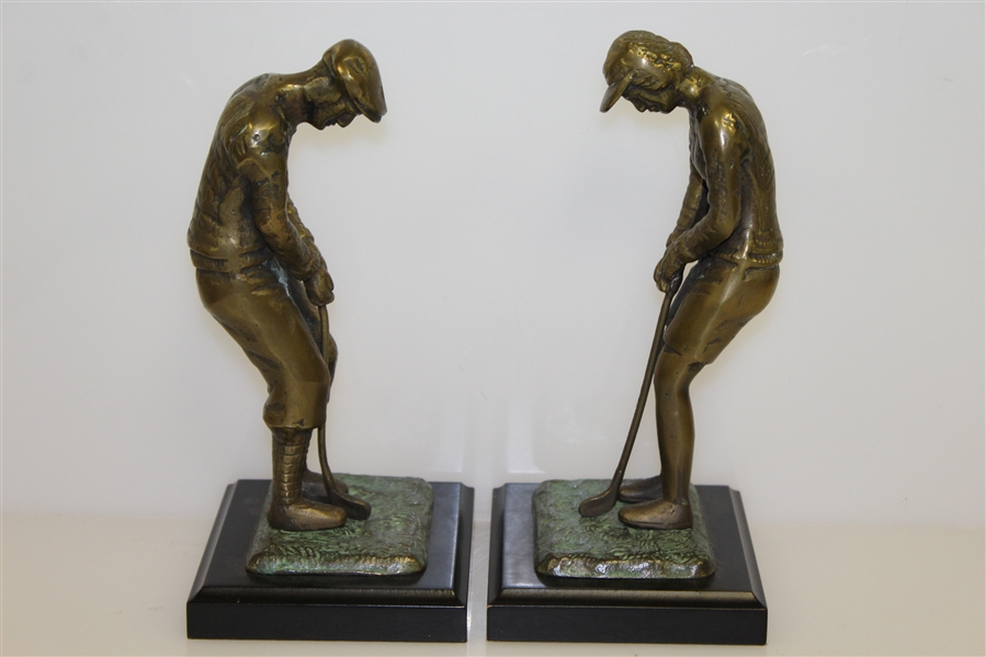 Bronze Pair of Male & Female Golfer Bookends on Plinth - Circa 1920's Era Golfers