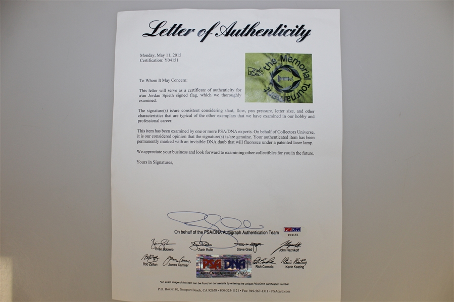 Jordan Spieth Signed The Memorial Tournament Embroidered Flag PSA/DNA #Y04151