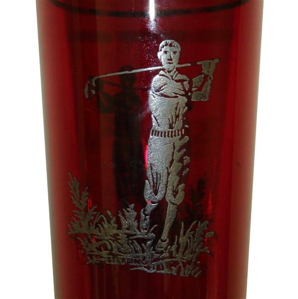 Red Glass Sterling Silver Golfer Etched Cocktail Shaker with Cover