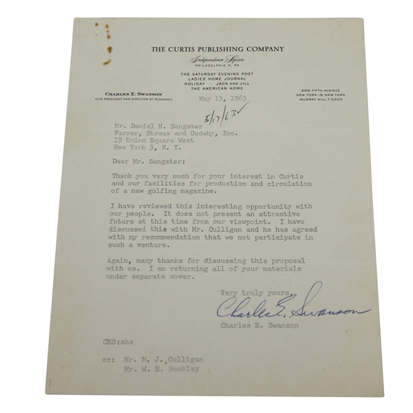 Charles Swanson Signed Letter to Charles Price - May 13, 1963 JSA ALOA