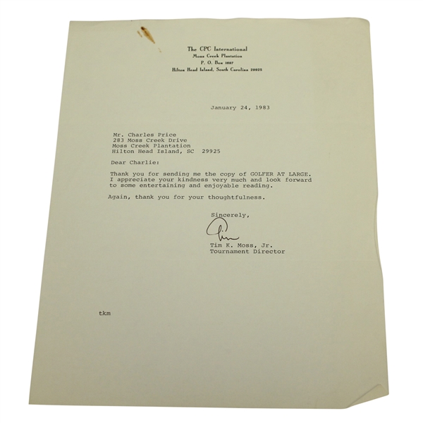 Tim K. Moss, Jr. Signed Letter to Charles Price - January 24, 1983 JSA ALOA