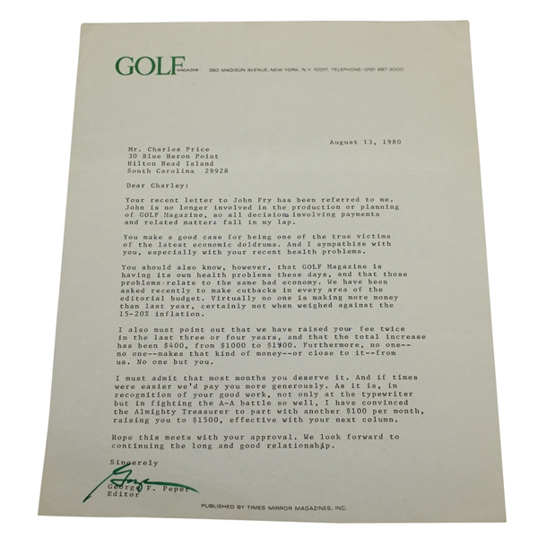 John Updike Signed Letter to Charles Price - August 13, 1980 JSA ALOA