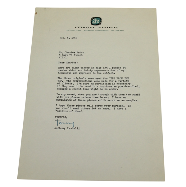 Anthony Ravielli Signed Letter to Charles Price - December 6, 1965 JSA ALOA