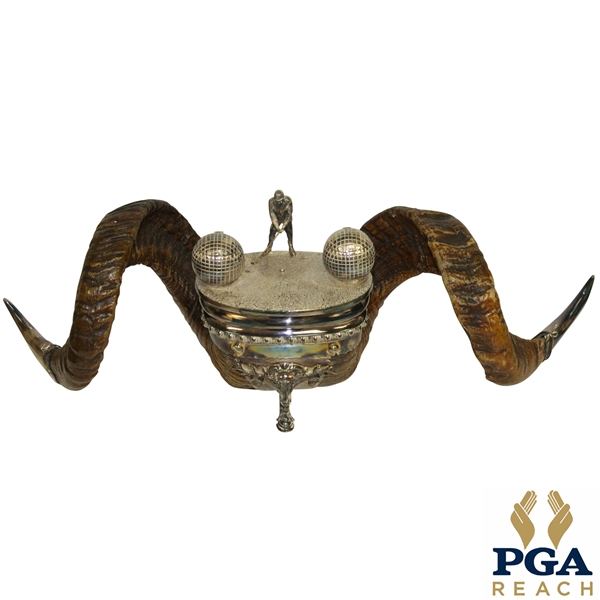 Ram Horn Inkwell Set with Silverplate Well, Golfing Figure, Horn Tips, & Spherical Inkwells