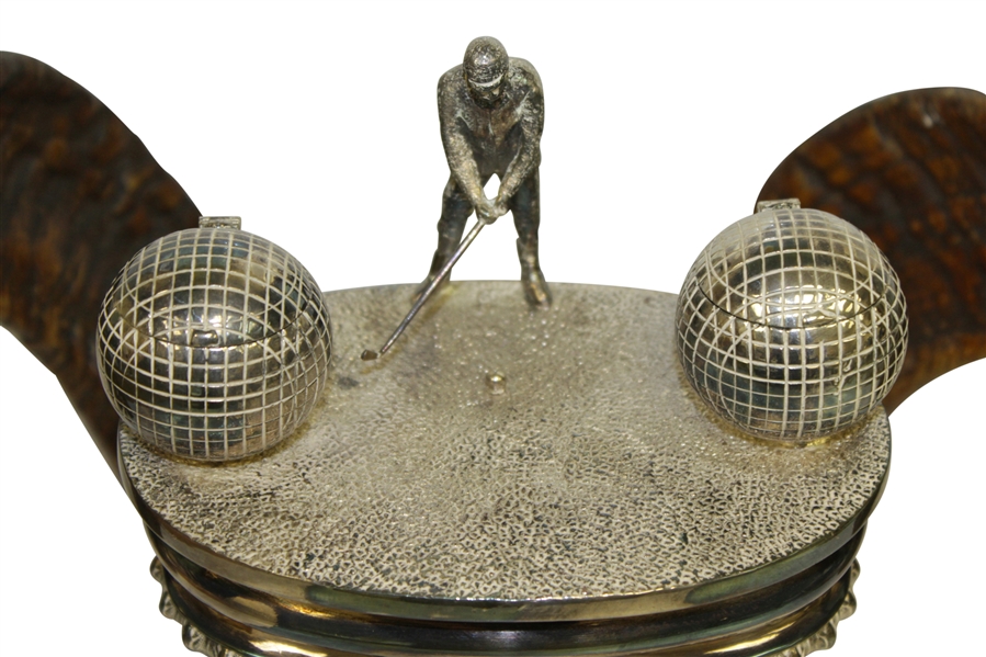 Ram Horn Inkwell Set with Silverplate Well, Golfing Figure, Horn Tips, & Spherical Inkwells