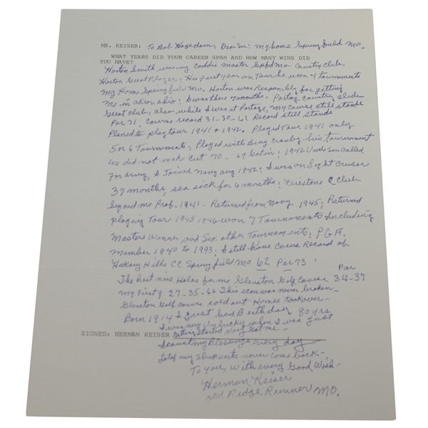 Herman Keiser Signed Hand-Written Full Page About Career Length & Wins JSA ALOA