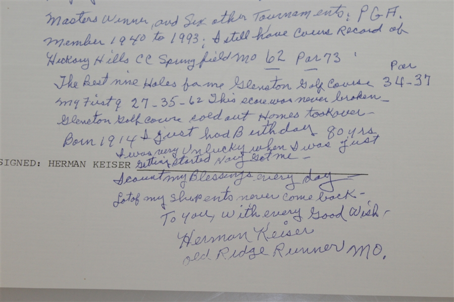 Herman Keiser Signed Hand-Written Full Page About Career Length & Wins JSA ALOA
