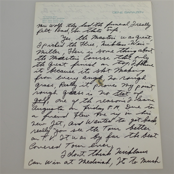 Gene Sarazen 1975 Signed Four Page Handwritten Letter JSA ALOA