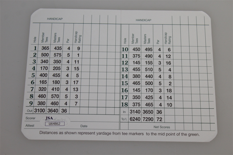 Patrick Reed Signed Augusta National Golf Club Scorecard JSA #U64862