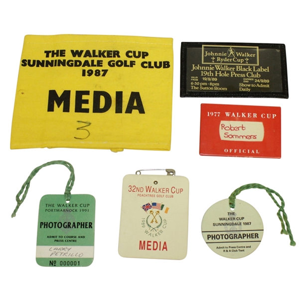 Six Misc. Walker Cup Matches Badges - 1977, 1987 (x2), 1989 (x2), & 1991