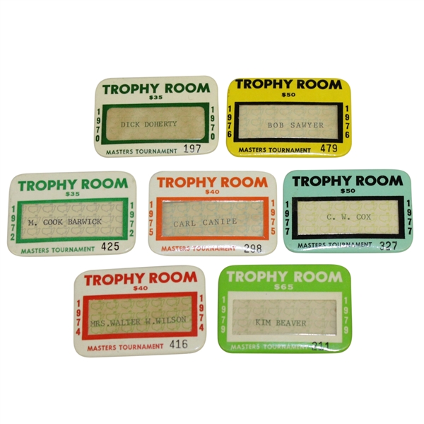 Seven Masters Tournament Trophy Room Badges - 1970, 1972, 1974-1977, & 1979