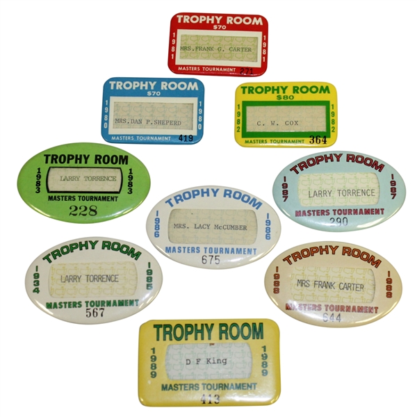 Nine Masters Tournament Trophy Room Badges - 1980-1983 & 1985-1989