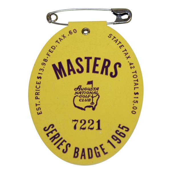 1965 Masters Tournament Series Badge #7221 - Jack Nicklaus' 2nd Green Jacket!