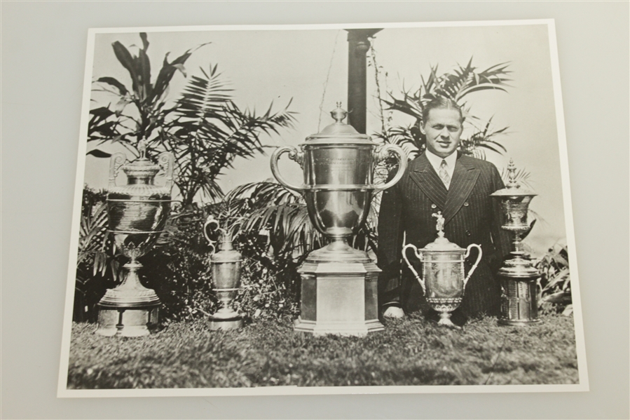 Two Bobby Jones USGA Stamped Photos - Grand Slam Trophies & Grand Slam Final Green