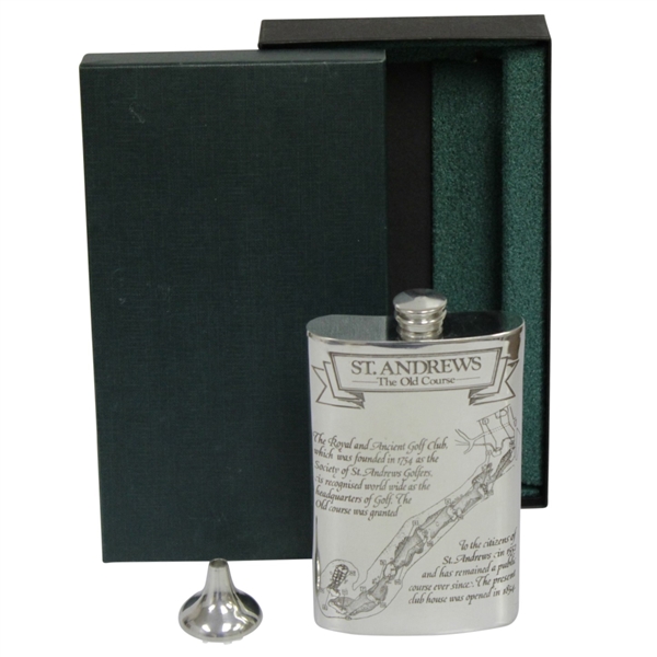 St. Andrews 'The Old Course' Pewter Flask with Course Layout - Great Condition with Original Funnel & Box
