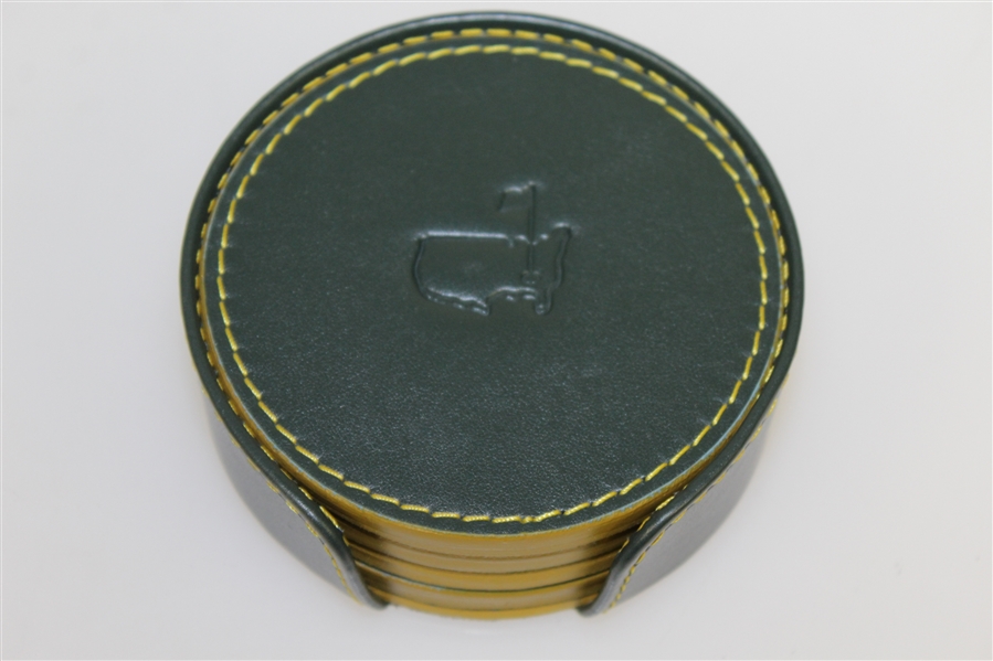 Augusta National Golf Club Green Leather Coaster Set of Four with Holder - Made in Italy