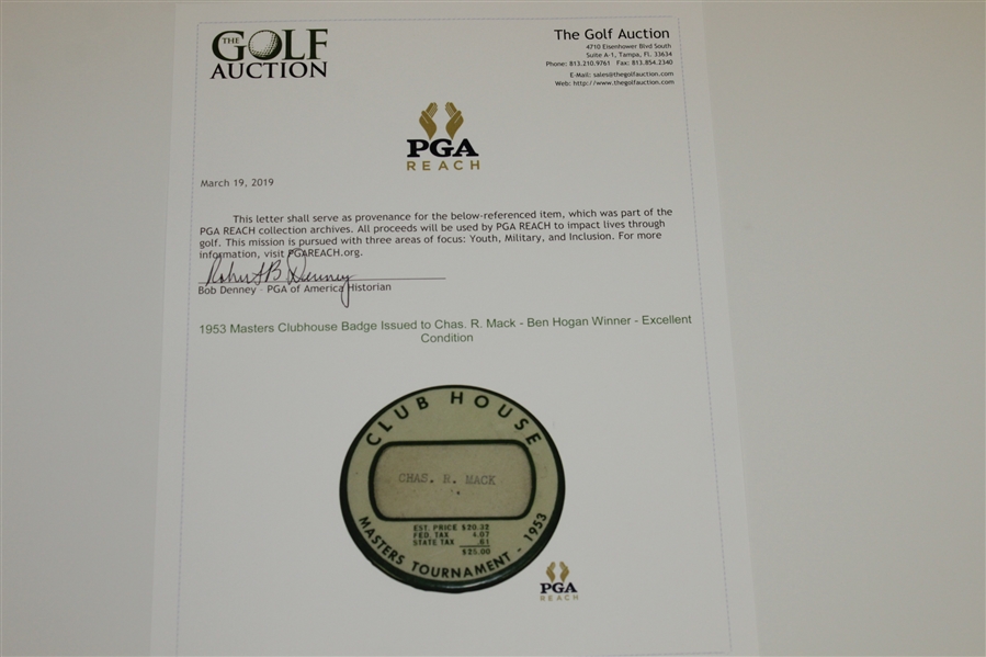 1953 Masters Clubhouse Badge Issued to Chas. R. Mack - Ben Hogan Winner - Excellent Condition