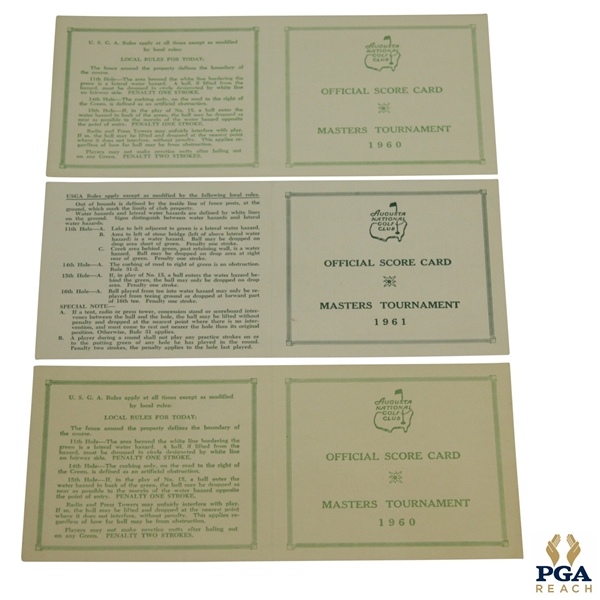 Three Official Masters Tournament Scorecards - 1960 (x2) and 1961