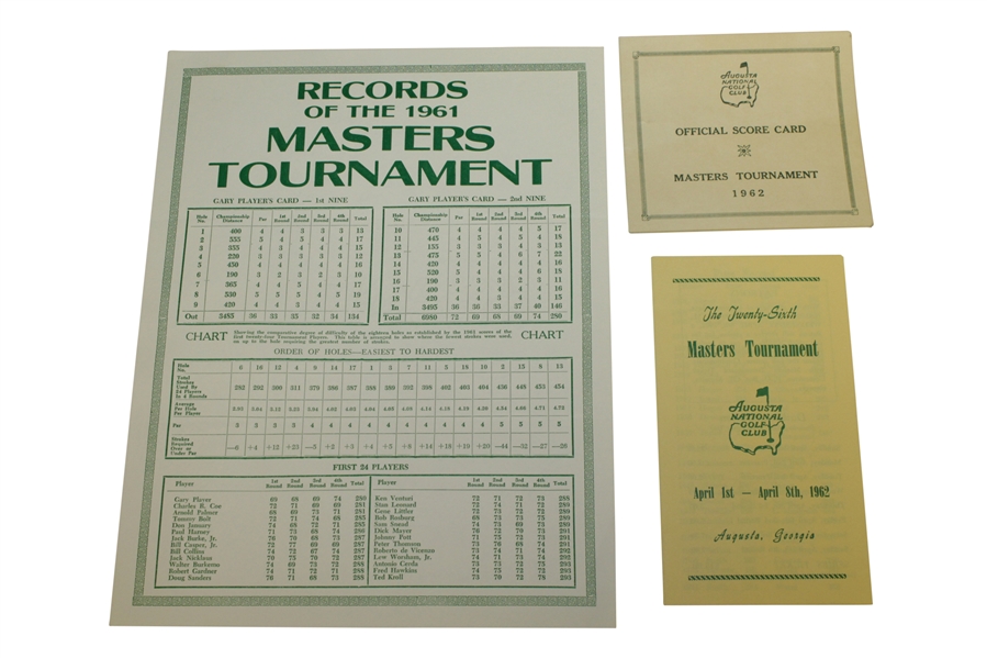 1962 Masters Lot - Scorecard, Records Sheet, Pamphlet, Pairing Sheets, & Misc. Correspondence