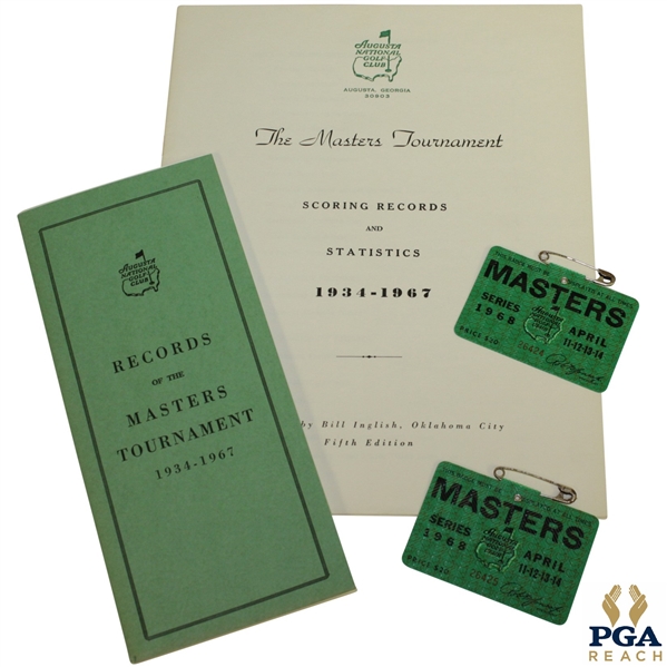 1968 Masters Tournament Items - 1968 Series Badge (x2), Records Pamphlet, & Records Booklet