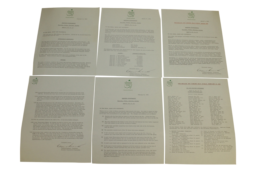1964 Masters Tournament Items - Records Booklet (x2), Tee Placements, & Correspondence