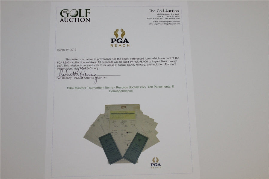 1964 Masters Tournament Items - Records Booklet (x2), Tee Placements, & Correspondence