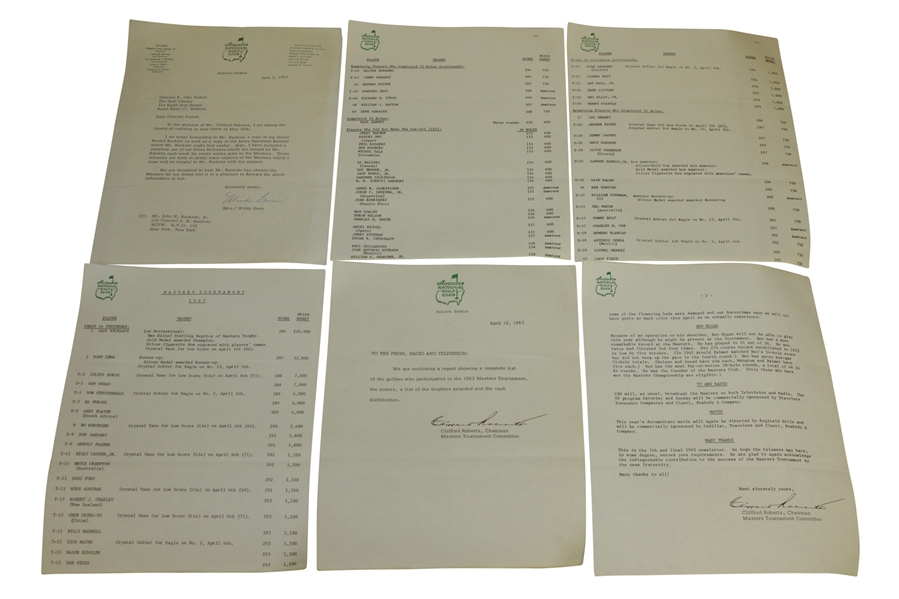 1963 Masters Tournament Items - Records Sheet, Pamphlet, & Misc Correspondence
