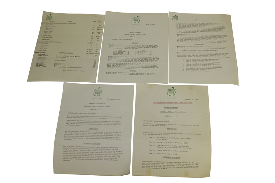1963 Masters Tournament Items - Records Sheet, Pamphlet, & Misc Correspondence