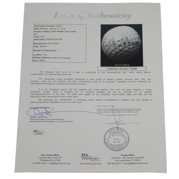 Robert Bobby Tyre Jones, Jr. Signed Golf Ball - 7 Known Examples Exist- JSA Letter #Y34298