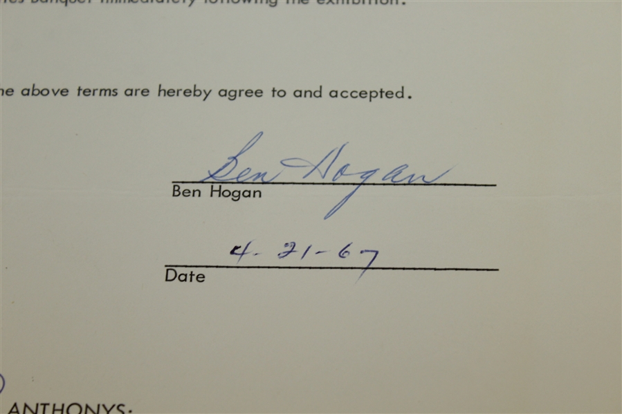 Ben Hogan Signed 1967 Exhibition Contract Agreement with Supporting Paperwork JSA ALOA
