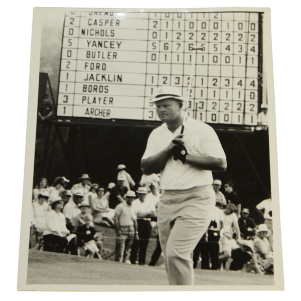 Jack Nicklaus UPI Wire Photo at Masters in Front of Scoreboard - April 11, 1967