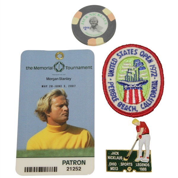 Jack Nicklaus 1988 Lions Pin, Poker Chip, 1972 Pebble Patch, & Memorial Badge