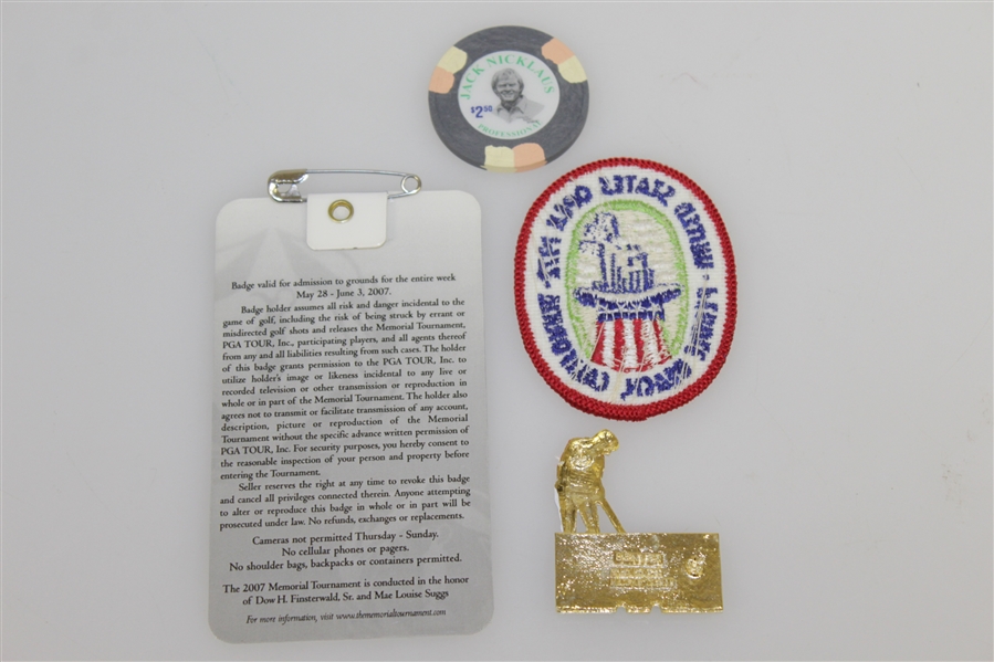 Jack Nicklaus 1988 Lions Pin, Poker Chip, 1972 Pebble Patch, & Memorial Badge