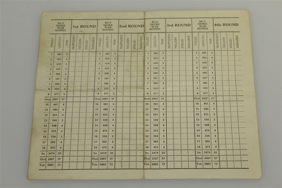 1945 Big Four War Bond Golf Tournament Scorecard from Oakmont CC - Nelson, Snead, Sarazen, & McSpaden