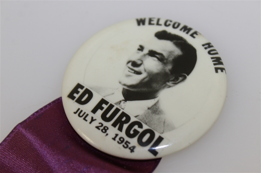 1954 'Welcome Home' Ed Furgol Button with Ribbon - July 28th