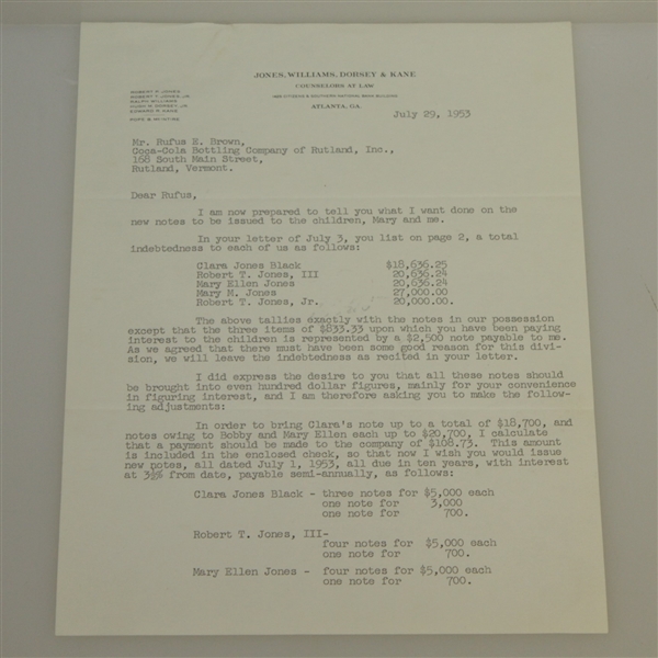 Bobby Jones Signed July 29, 1953 Letter - Family Money Content JSA FULL #B60861