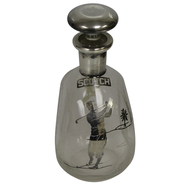 1920's Sterling Inlay Post-Swing Golfer Themed Scotch Glass Decanter with Stopper