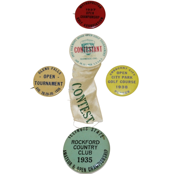 Five 1930's Golf Contestant Badges - Oakmont, Glens Falls, Metropolitan, Illinois & Crescent City