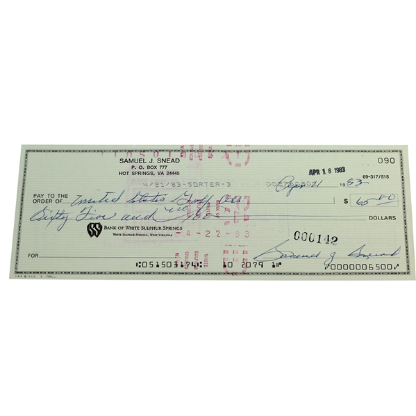 Sam Snead Signed 1983 Personal Check to the USGA JSA ALOA