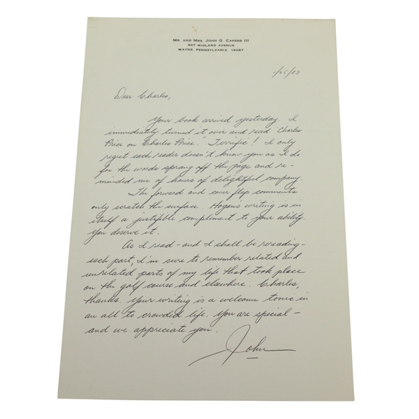 John G. Capers III Signed Handwritten Letter to Charles Price - January 25, 1983 JSA ALOA