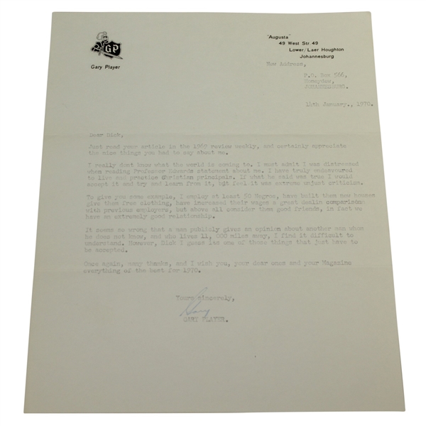 Gary Player Signed One Page Typed Letter on 1970 Black Knight Letterhead JSA ALOA
