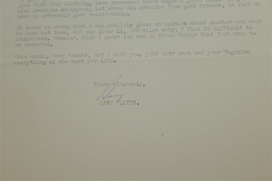Gary Player Signed One Page Typed Letter on 1970 Black Knight Letterhead JSA ALOA