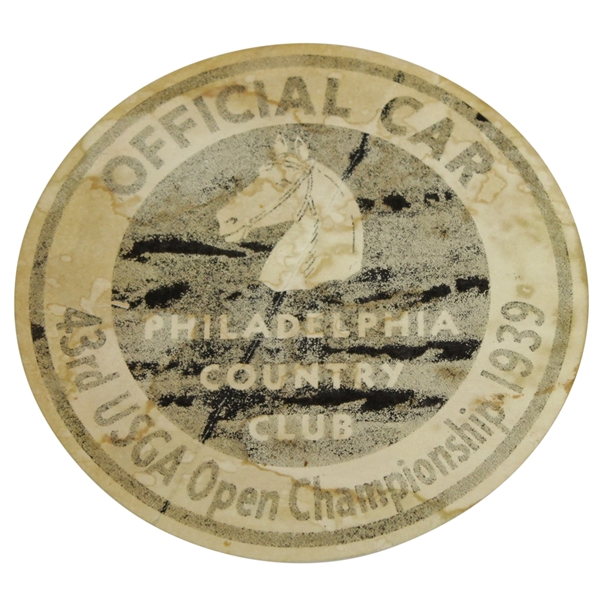 1939 US Open at Philadelphia CC Parking/Official Car Placard - Byron Nelson Winner