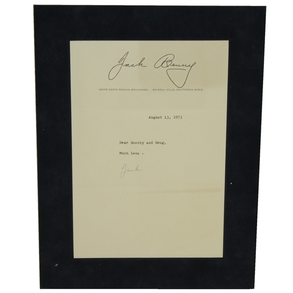 Jack Benny Signed August 13, 1973 to Doug Sanders & Scotty on Letterhead JSA ALOA
