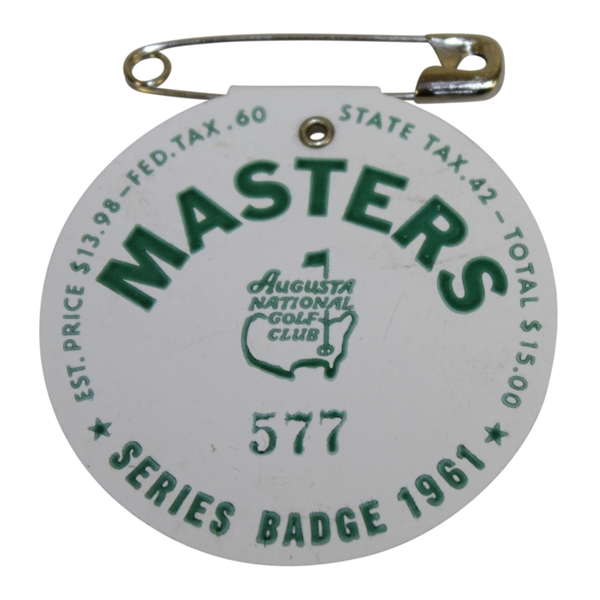 1961 Masters Tournament Series Badge #577 - Gary Player Winner - Low Number
