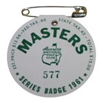 1961 Masters Tournament Series Badge #577 - Gary Player Winner - Low Number