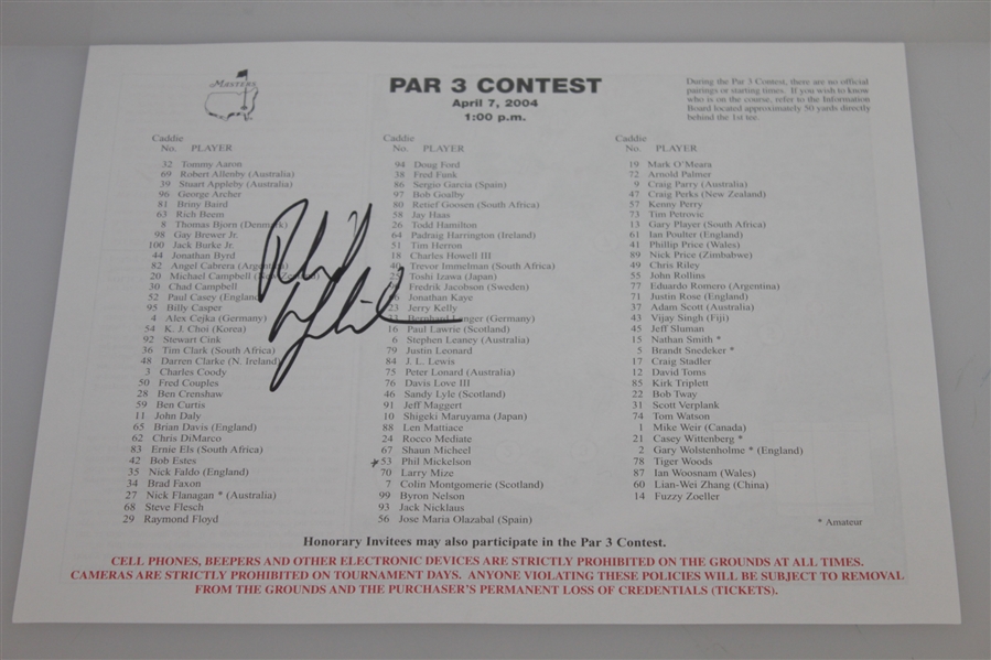 Phil Mickelson, Player & Coody Signed 2004 Masters Par 3 Pairing Sheets JSA ALOA