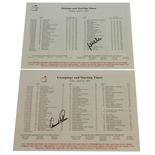 Arnold Palmer & Mike Weir Signed Masters Sunday Pairing Sheets - 2002 & 2003 JSA ALOA
